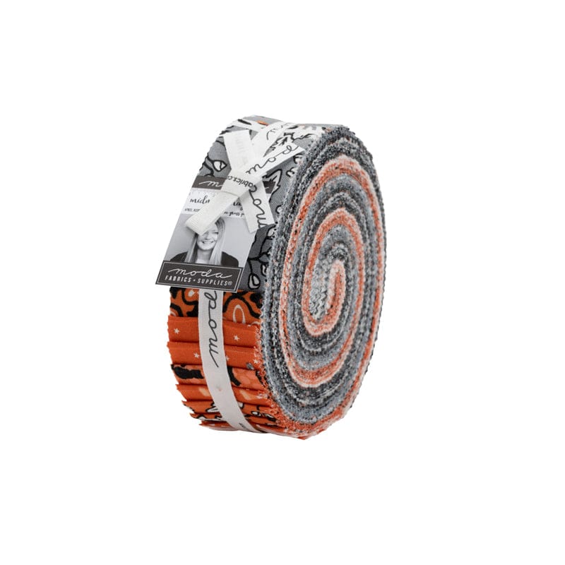 Midnight Magic 2 honey bun by April Rosenthal for Moda Fabrics, rolled showing orange, black, white, and gray Halloween prints