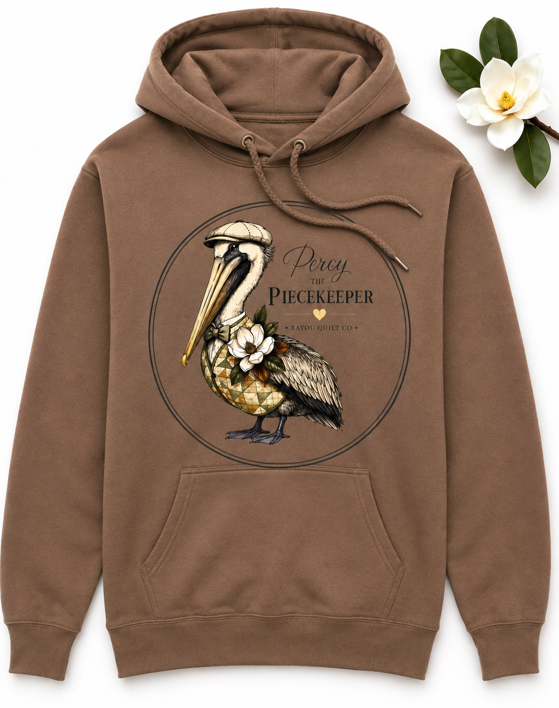 Bayou Quilt Co. Hooded Percy Sweatshirt – Round Seal - Chocolate Brown