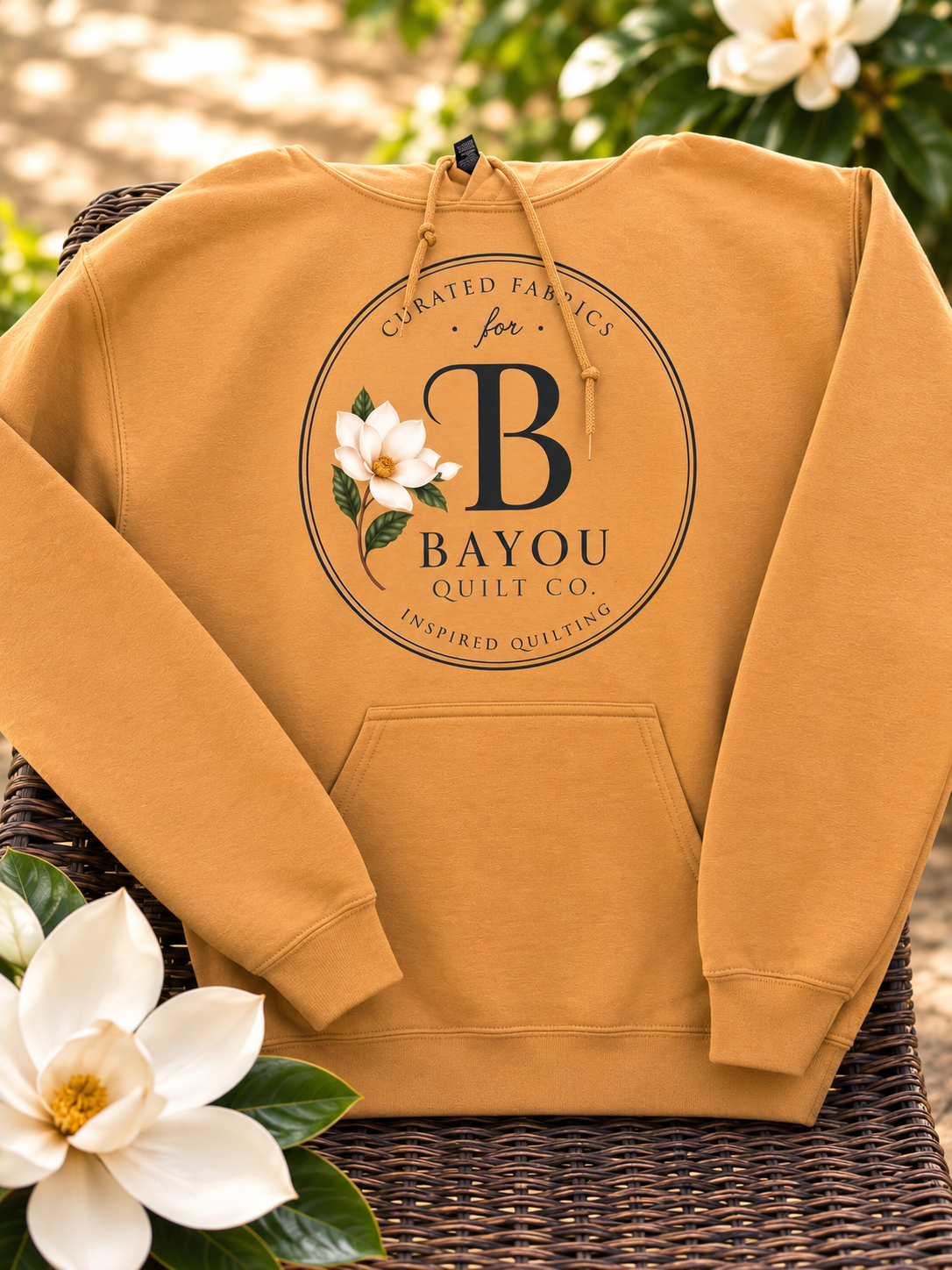Bayou Quilt Co. hooded sweatshirt with round seal logo, available in Old Gold and Sand