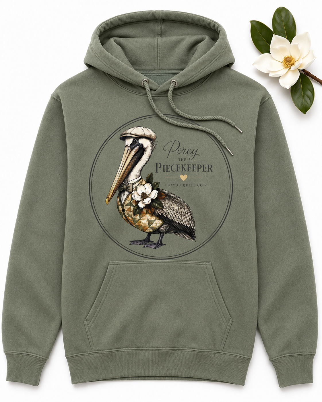 Bayou Quilt Co. Hooded Percy Sweatshirt – Round Seal - Forest Green