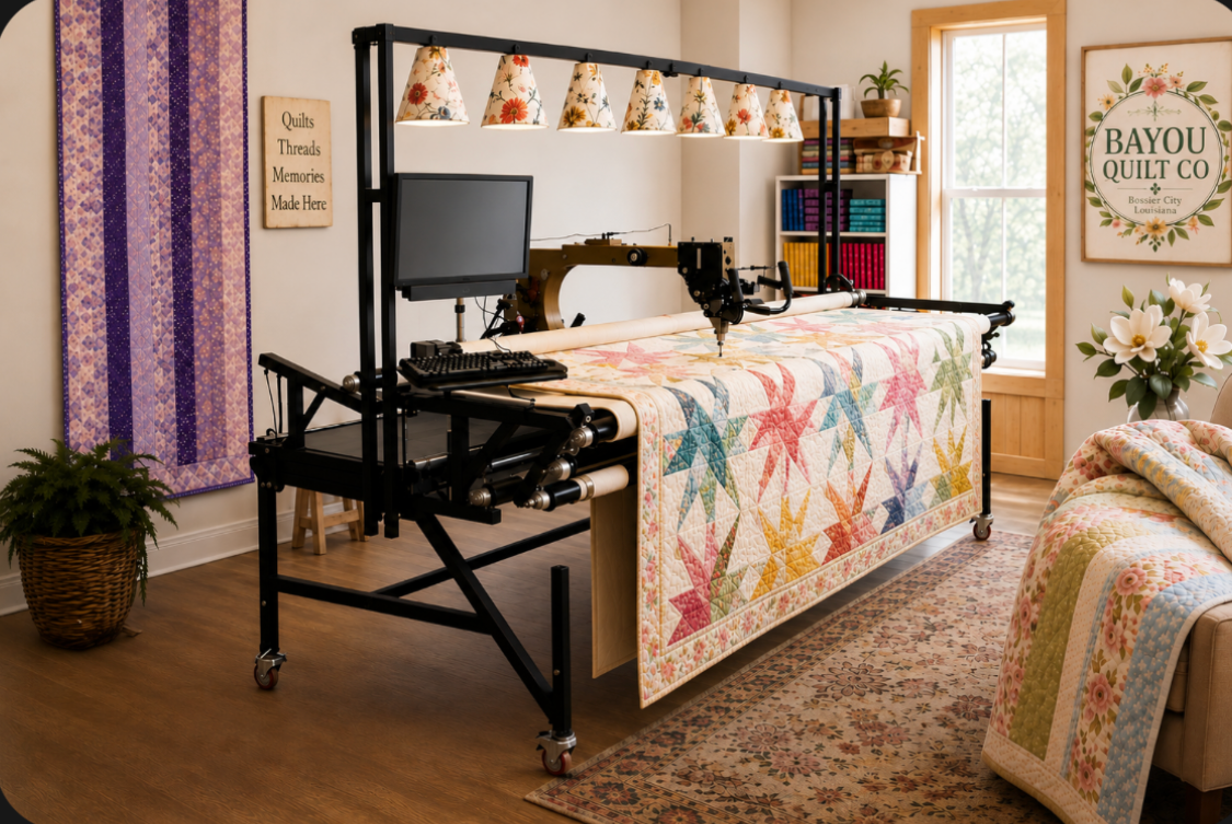 Donnette's longarm quilting machine on its frame in her studio, with a floral quilt loaded and ready to quilt