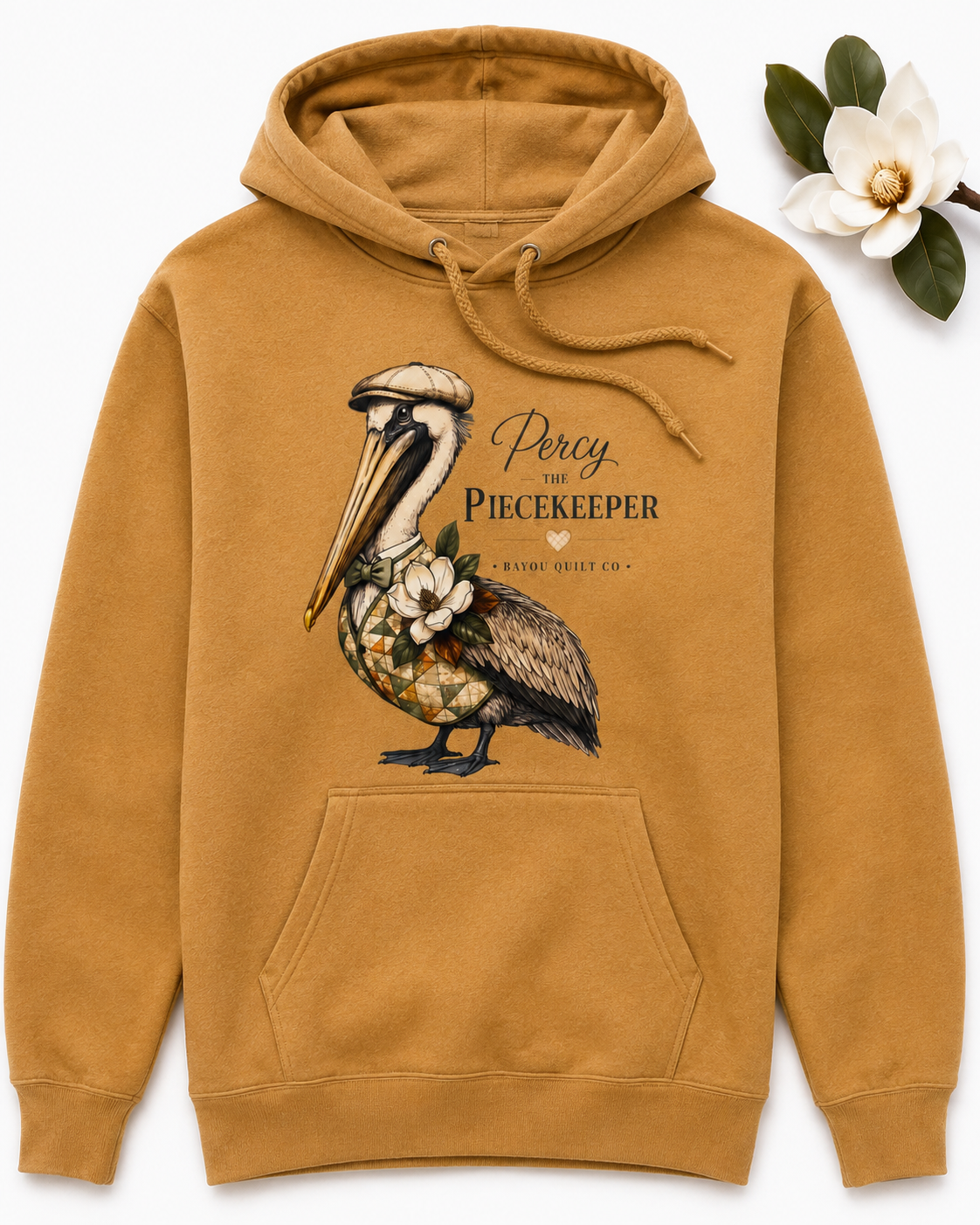 Bayou Quilt Co. Hooded Percy Sweatshirt – Round Seal - Old Gold