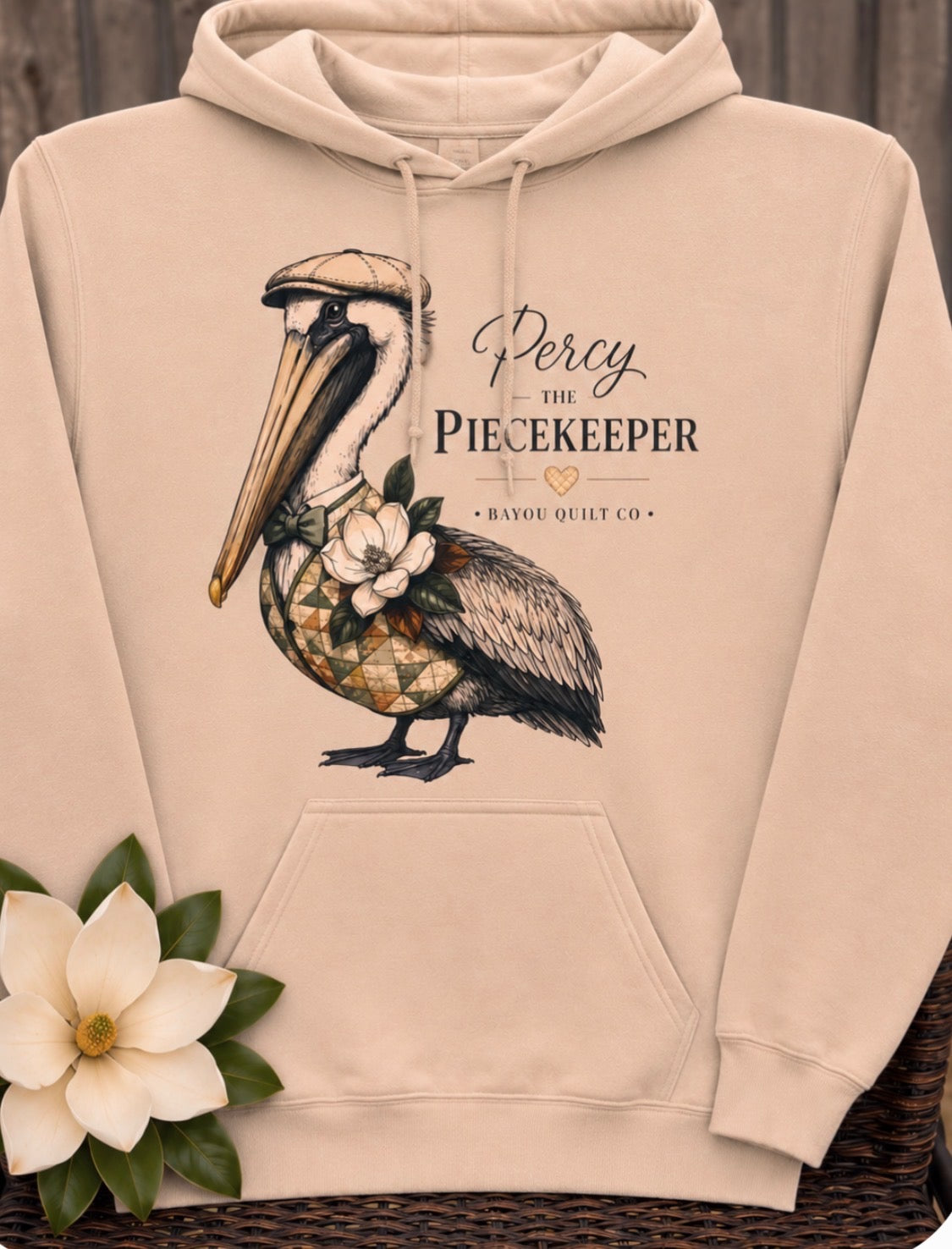 Bayou Quilt Co. Hooded Percy Sweatshirt – Round Seal - Sand