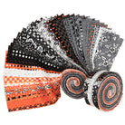 Midnight Magic 2 jelly roll by April Rosenthal for Moda Fabrics, fanned out showing orange, black, white, and gray Halloween prints
